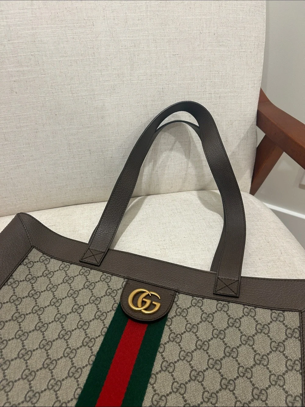 Gucci Brown GG Ophidia Supreme Tote with Web Stripe